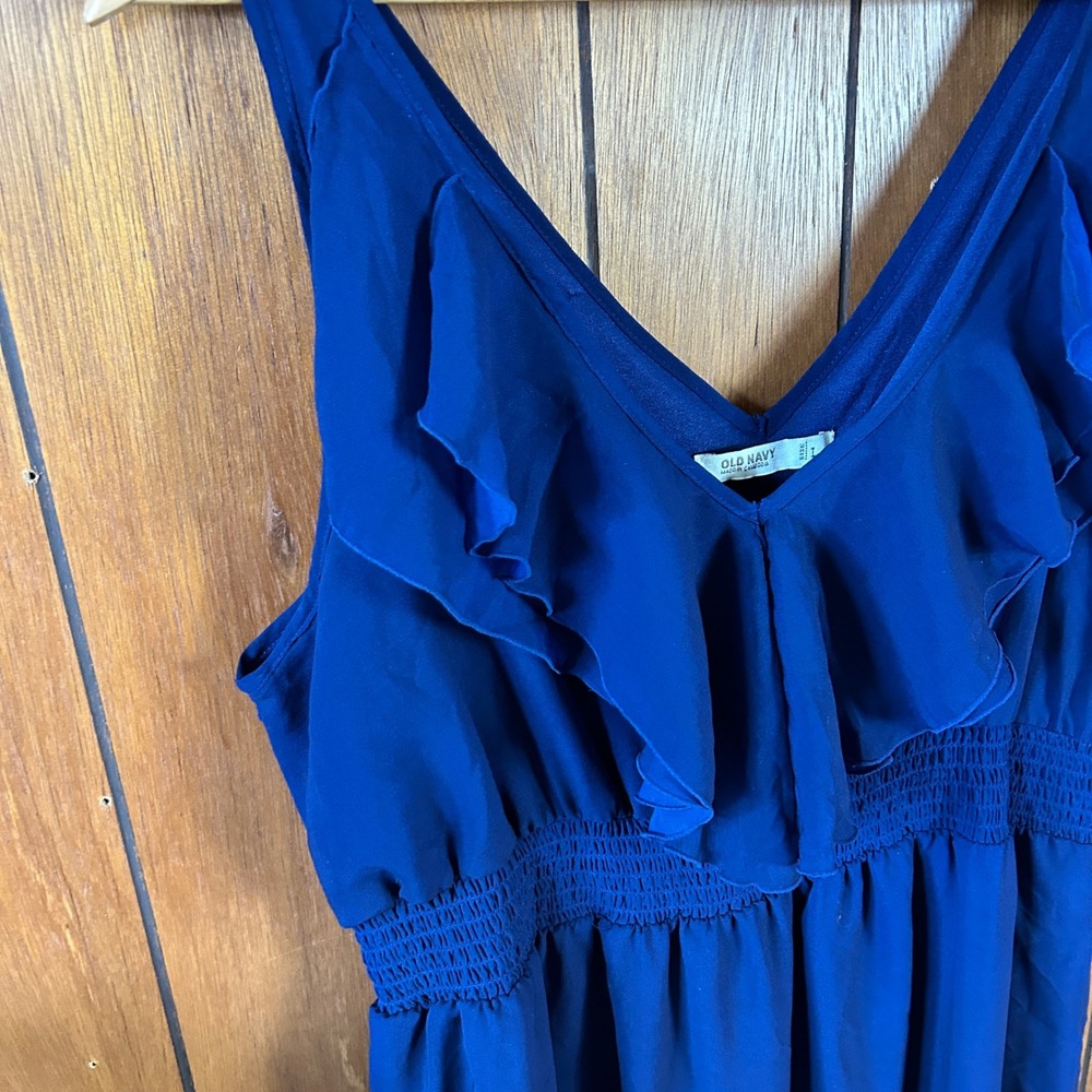 Old Navy Royal Blue Floral Border Print Ruffle Maxi Dress Womens Large Smocked - Picture 4 of 7